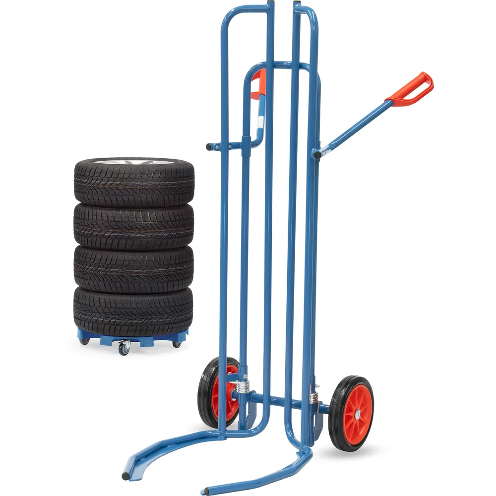 Reifenkarre 2034 neben vier SUV-Kompletträdern auf einem blauen Reifen-Roller