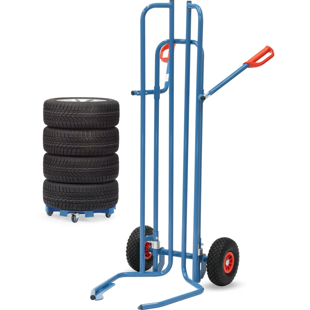 Blaue Fetra-Reifenkarre neben einem Reifenstapel auf mobilem Reifenroller