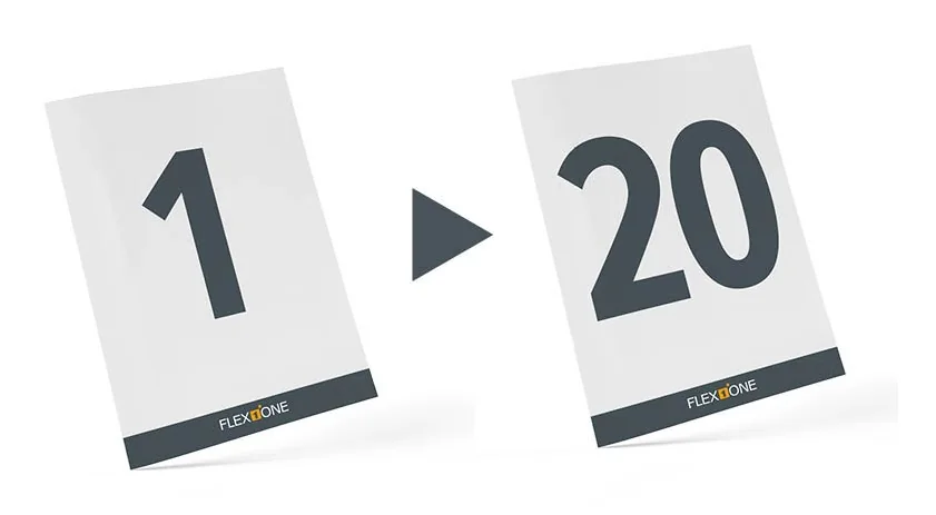 Zwei weiße FLEX1ONE Lagerplatzschilder mit den Nummern 1 und 20 sowie Richtungspfeil