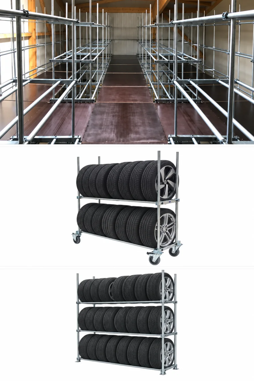 BMT Bertele Metalltechnik Regalanlage, mobiler Reifenwagen und stationäres Reifen-Grundregal