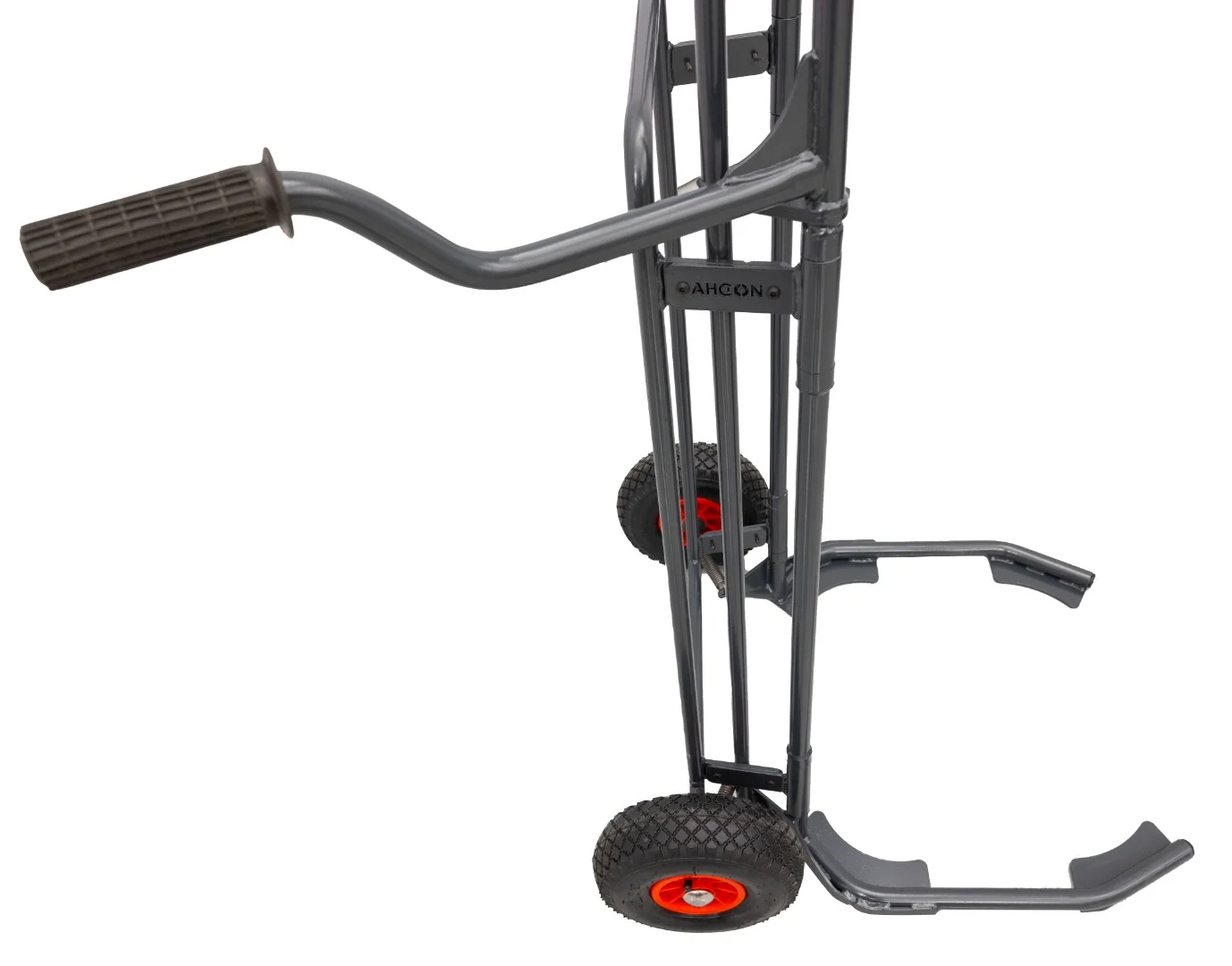 Seitliche Ansicht des Wheel Caddy PLUS mit Handgriff, Rahmen, Gummirad und Aufnahmegabel