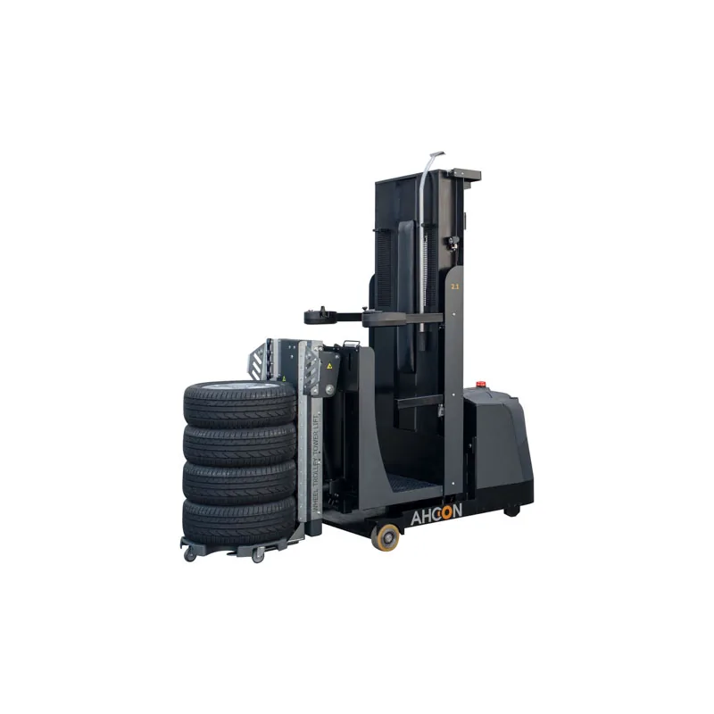 Tower Lift neben einem auf Wheel Trolley bereitgestellten Stapel aus vier Kompletträdern