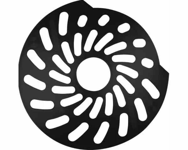 Schwarze safetydisc-maxi-Radschutzmatte mit Luftschlitzen und seitlichen Aussparungen