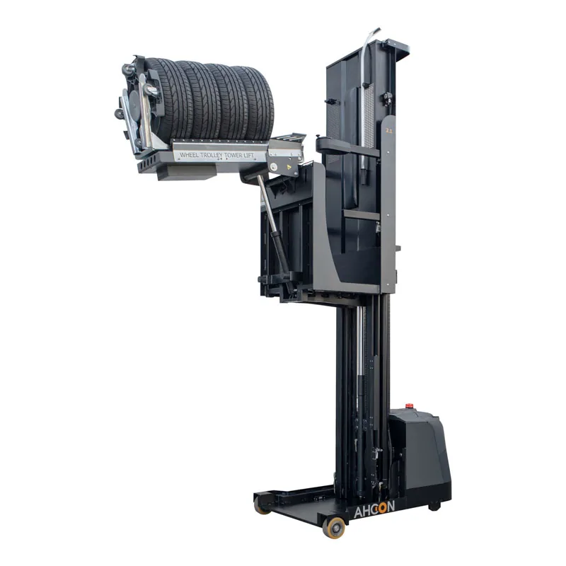 Wheel Trolley Tower Lift 2.1L+ mit vollständig ausgefahrenem Hubmast und angehobenem Reifenstapel