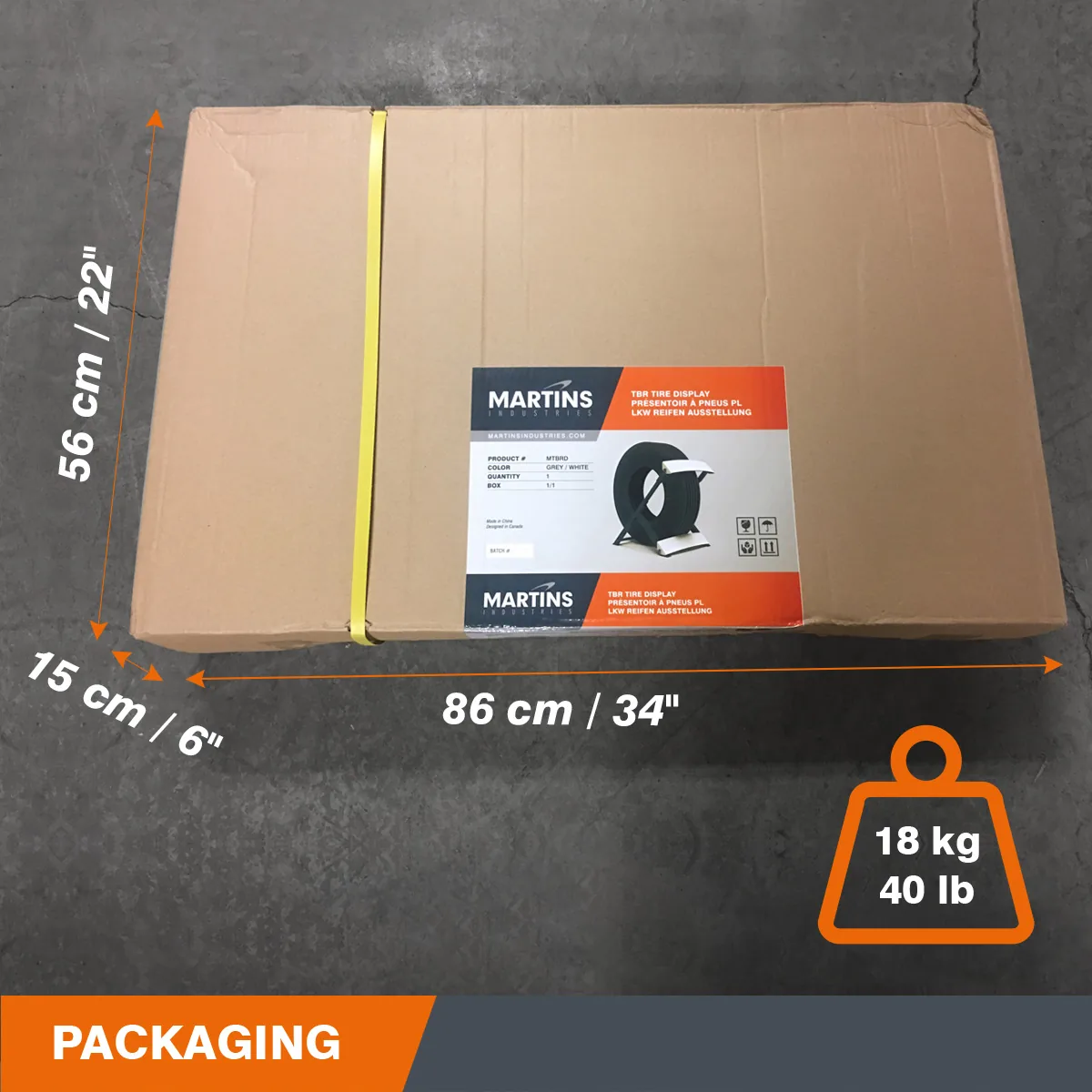 Verpackungskarton des zerlegten LKW-Reifendisplays mit Maß- und Gewichtsangaben