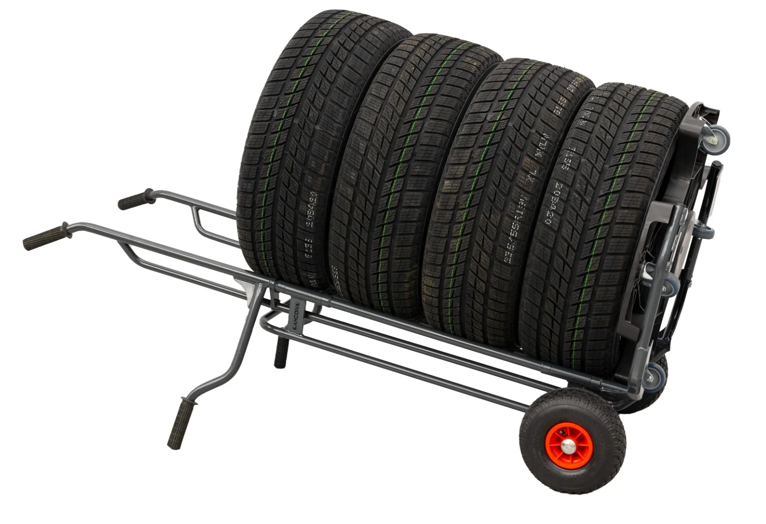 Gekippter Wheel Caddy PLUS transportiert einen liegenden Stapel aus fünf Reifen
