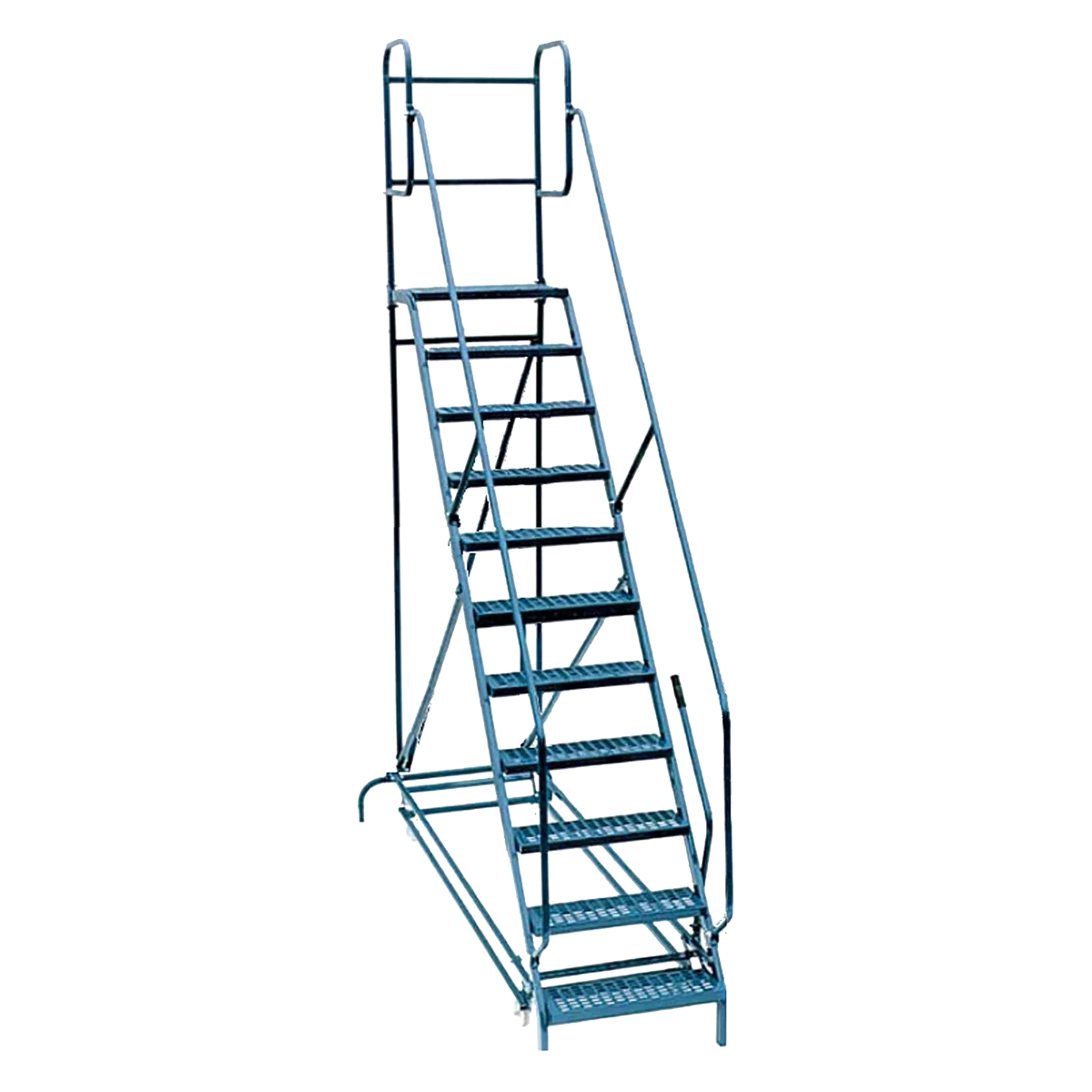 Blaue fahrbare Zehnstufen-Treppe mit Handläufen und Arbeitsplattform