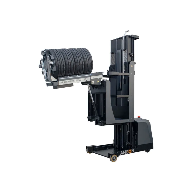 Drei Ansichten des Wheel Trolley Tower Lift 2.1L+ mit unterschiedlich hoch angehobenem Radsatz